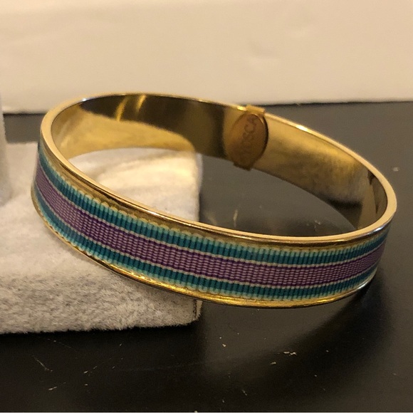 Gerard Yosca Bangle Bracelet, gold tone w/ grosgrain ribbon inlay purple & green - Picture 2 of 11